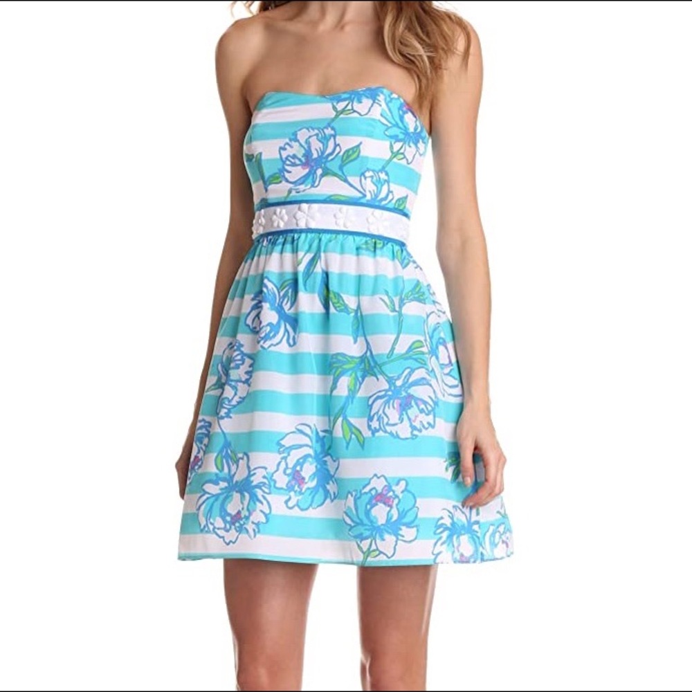 Lilly Pulitzer Womens Langley Strapless Dress Shorely Blue Silk Cotton size 00